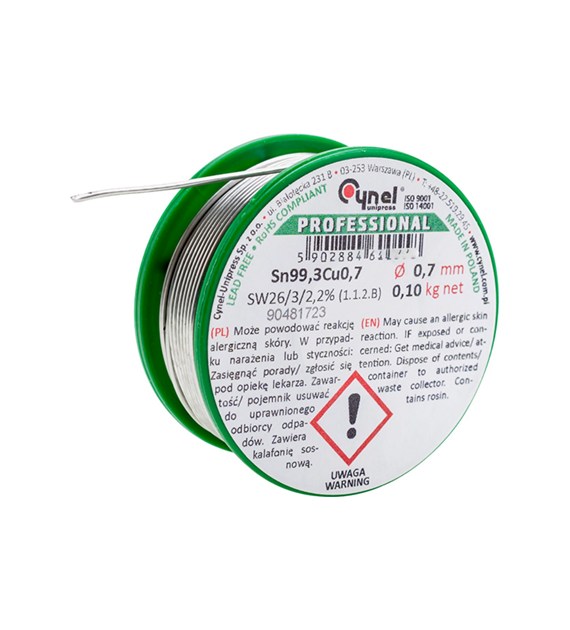 Spoiwo lutownicze bezołowiowe 0.7 mm, 100 g, Sn99.3Cu0,7, topnik SW26, szpulka