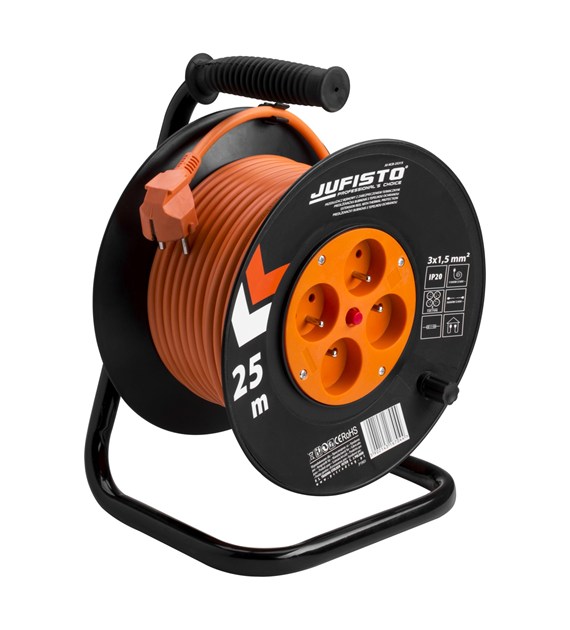 Przedłużacz bębnowy 25 m, 3 x 1.5 mm2, 1100 W, cztery gniazda, zabezpieczenie termiczne, pomarańczowy, PVC, z uziemieniem