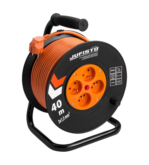 Przedłużacz bębnowy 40 m, 3 x 1.5 mm2, 1100 W, cztery gniazda, zabezpieczenie termiczne, pomarańczowy, PVC, z uziemieniem