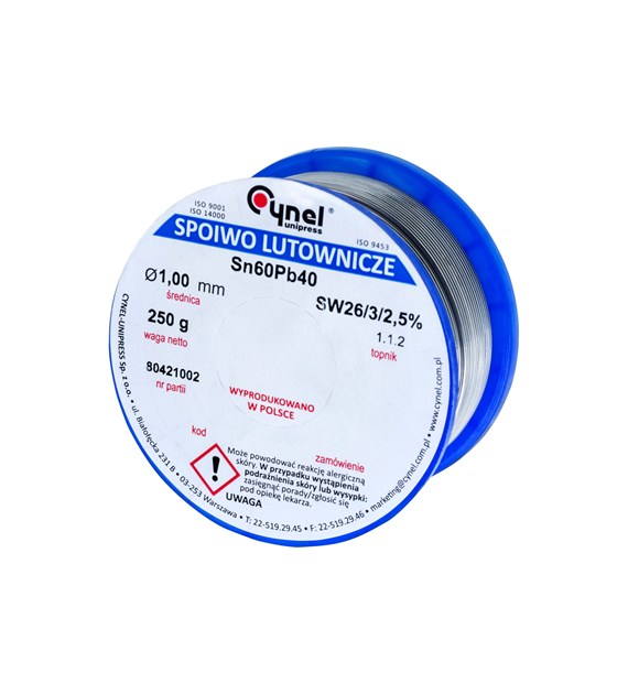 Spoiwo lutownicze 1.0 mm, 250 g, Sn60Pb40, topnik SW26, szpulka